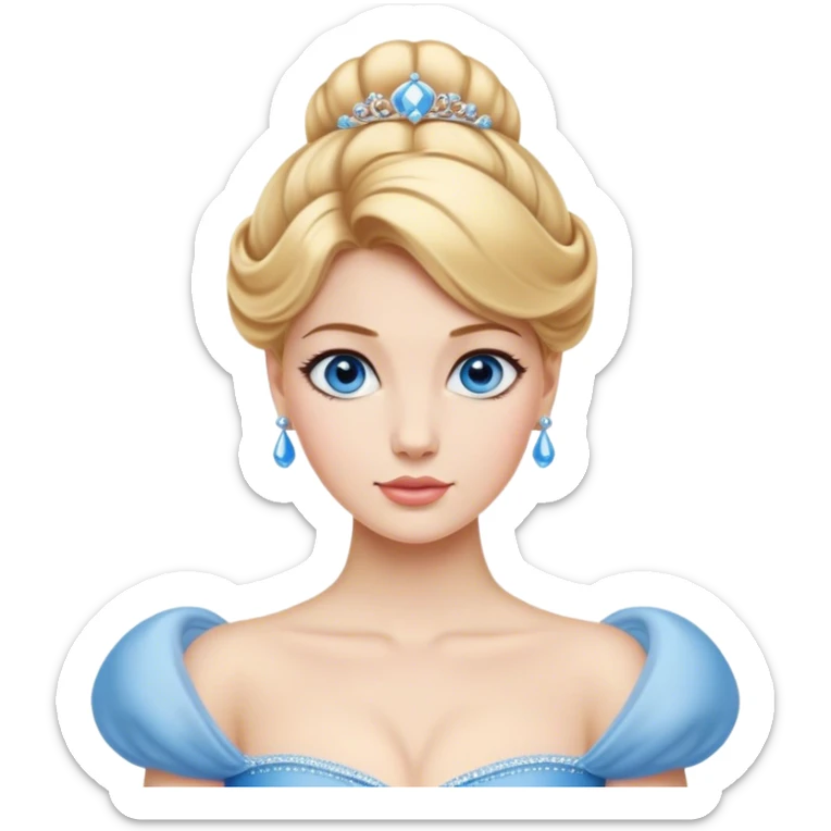 Cinematic Realistic Noble Cinderella Portrait, depicted with porcelain skin rendered in lifelike detail and soft, natural lighting that highlights every delicate nuance. Her intricately styled golden-blonde hair is arranged in an elegant updo, and her deep, expressive blue eyes radiate quiet determination. She wears her classic ball gown with rich fabric textures and delicate folds catching the light beautifully, all set against a subtly glowing, natural background that captures the essence of timeless royal grace. sticker