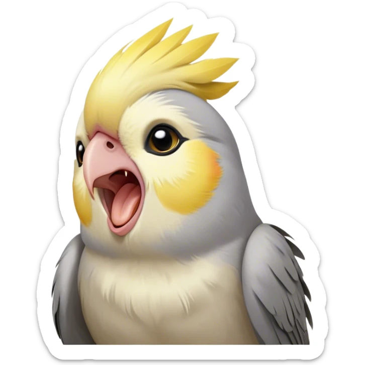 Cinematic Cute Yawning Cockatiel Portrait Emoji, Head tilted slightly with a dramatic, wide-open yawn, showcasing a soft grey fur with subtle yellow accents and gently drooping crest feathers, round dark eyes barely open in drowsy contentment, Simplified yet irresistibly adorable features, highly detailed, glowing with a soft, cozy glow, high shine, relaxed yet expressive, stylized with a touch of whimsy, bright and endearing, soft glowing outline, capturing the essence of a sleepy yet affectionate cockatiel, so drowsy it feels like it could stretch out of the screen and curl up for a nap! sticker