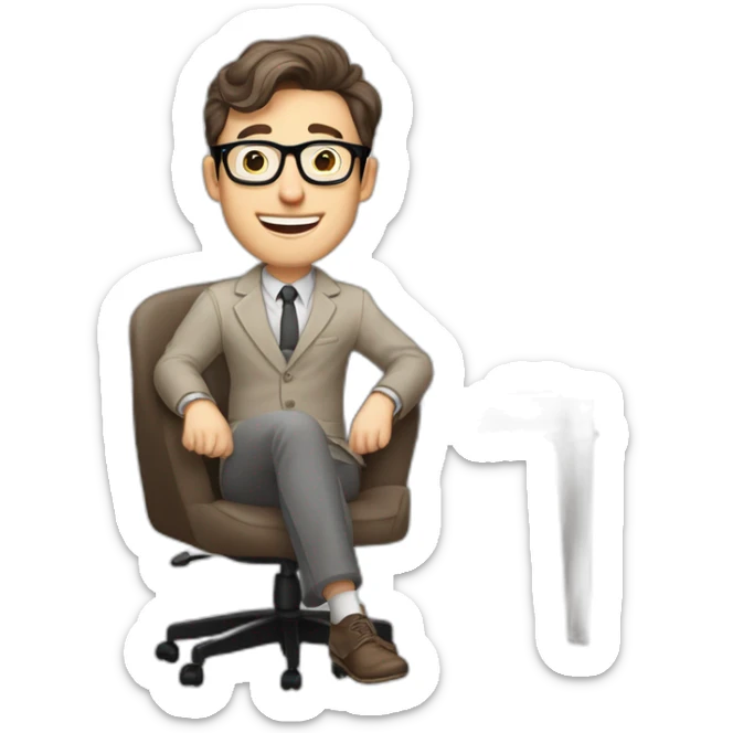 Joyful Pale skinned Fit Man With dark brown hair in gray jacket, beige office shirt, Brown pants and vintage glasses sitting In a soft chair. His thrumbs up sticker