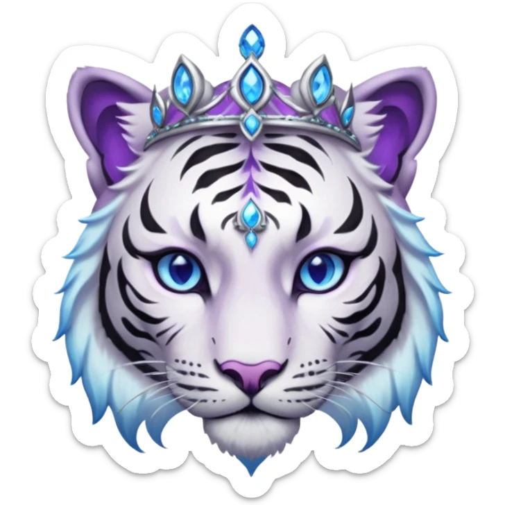 ESO Female white/black tiger khajiit leader of the umbral rose, glowing blue eyes, glowing blue 'third eye' gem; beautiful desined purple gemmed silver tiara sticker
