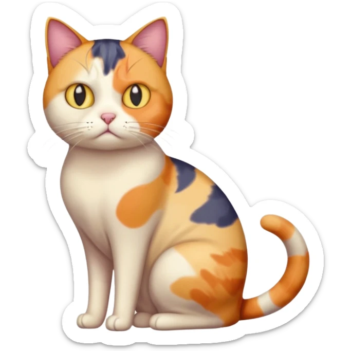 full body colourful calico cat with skinny head and fat body with an anxious face sticker
