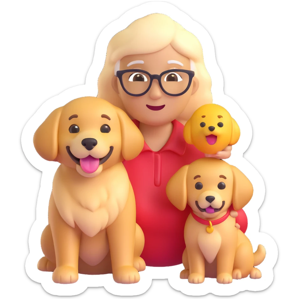 Combine the grandmother emoji and the golden retriever emoji together in one image, keeping both exactly as they are in their original 3D emoji style with a transparent background. sticker