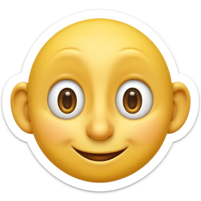 3D yellow emoji, classic round face, cartoon style, Apple emoji style, exaggerated long nose like Pinocchio, guilty smiling expression, eyes looking sideways mischievously, glossy texture, soft shadows, isolated on white background, high detail, realistic rendering sticker