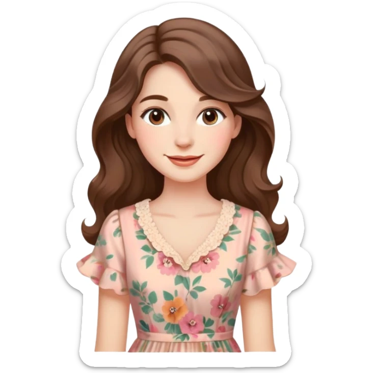 A close-up portrait of an elegant woman with long, wavy brown hair and soft makeup. She has a serene smile and is wearing a vintage floral dress, with a soft, pastel-colored background. sticker