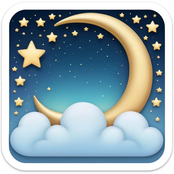 minimalist emoji style icon of a picture frame with a dreamy night sky inside, stars, crescent moon, gentle cloud, pastel color palette, clean lines, subtle gold accent for inspiration sticker