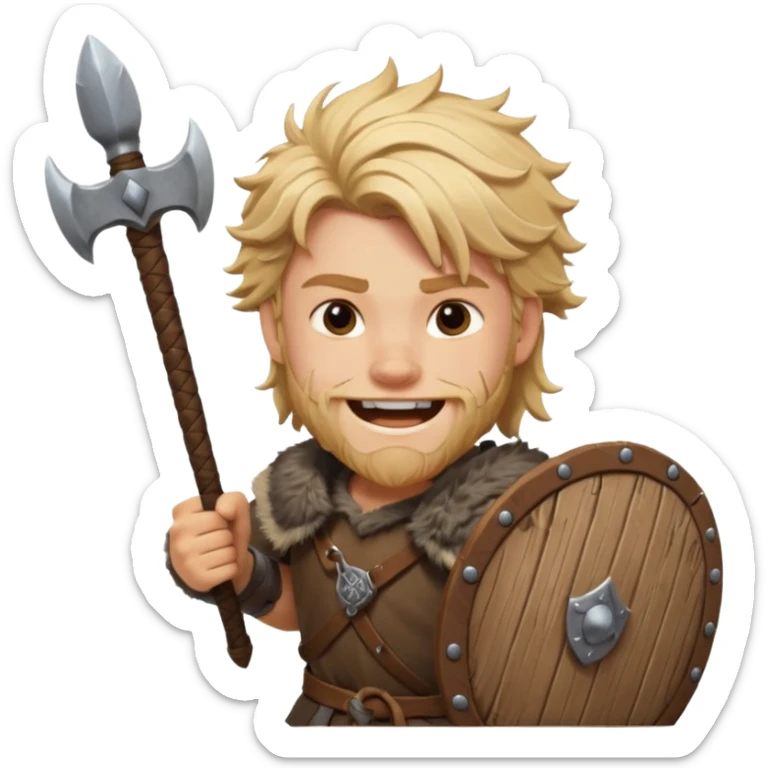 A young Viking warrior with messy blond hair, wooden shield, and fierce excited grin.
 sticker