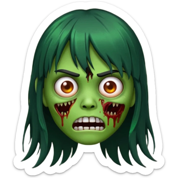 scary zombie emoji, green skin, long black hair with bangs sticker