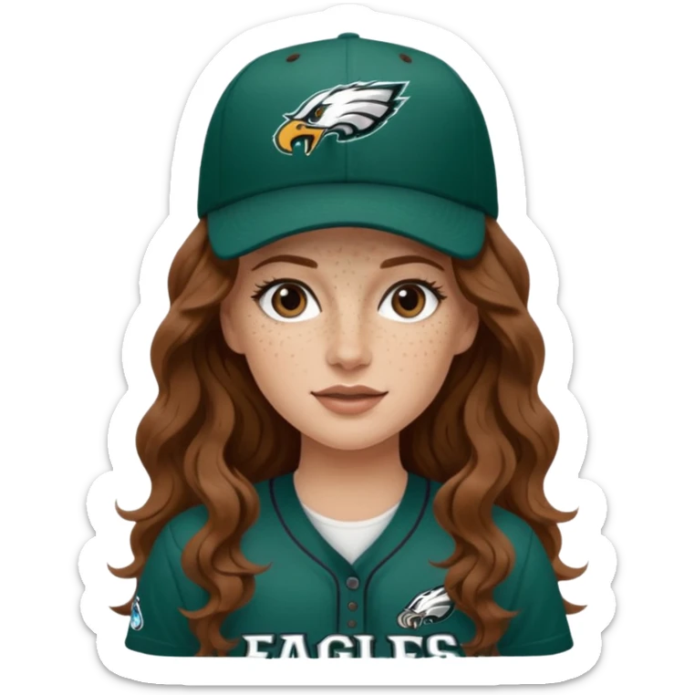 White girl with long brown wavy hair and freckles wearring a Philadelphia eagles jersey and baseball hat sticker