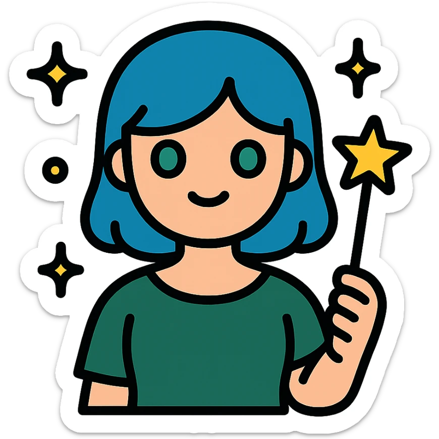 beautiful girl with blue hair and green eyes, holding a magic wand, wearing dark green dress, magical sparkles around, icon style sticker