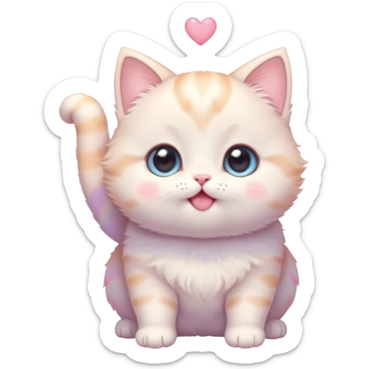 Cinematic chubby pastel kitten, big round eyes full of wonder, tiny paws reaching up, soft fluffy fur glowing in warm light, delicate heart-shaped nose, irresistibly cute and snuggly. sticker