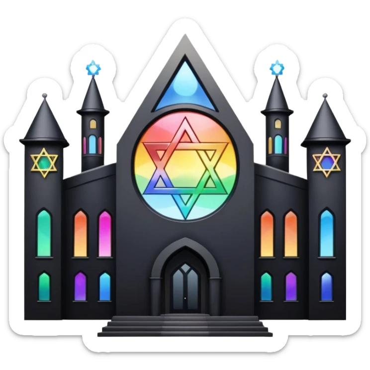 jewish synagogue temple in dark goth aesthetic style with black building and very light tint glass windows that are rainbow if looked at together. and star of david and celestial symbolism sticker