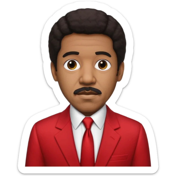 Richard Pryor with dark brown hair, red suit jacket, black suit shirt with red tie sticker