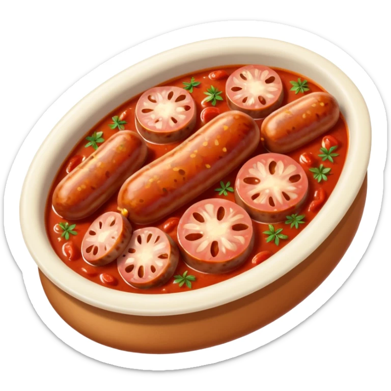 emoji of Rougail saucisse meal. Typical Reunion island meal. Sliced sausage in tomato sauce with thym  sticker