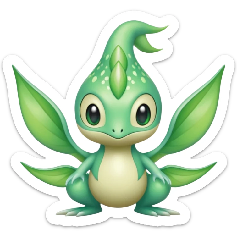 Sparkly White And Green Natural Flowery Colorful Grovyle-Swadloon-Celebi-Fakémon-hybrid-creature (full body)  sticker