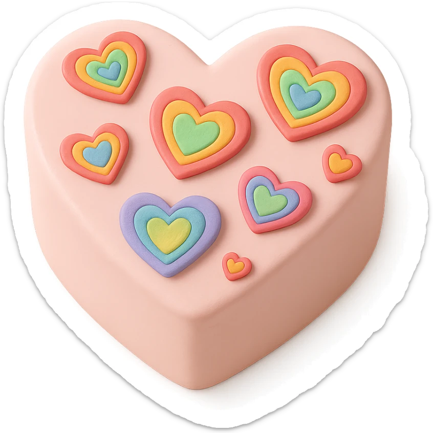 heart-shaped fondant cake with rainbow hearts sticker