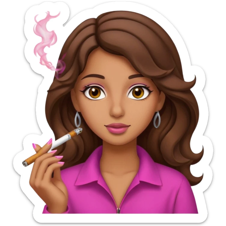 Arab girl tanned but not too tanned, wavy thick hair, brown eyes, smoking a pink joint sticker
