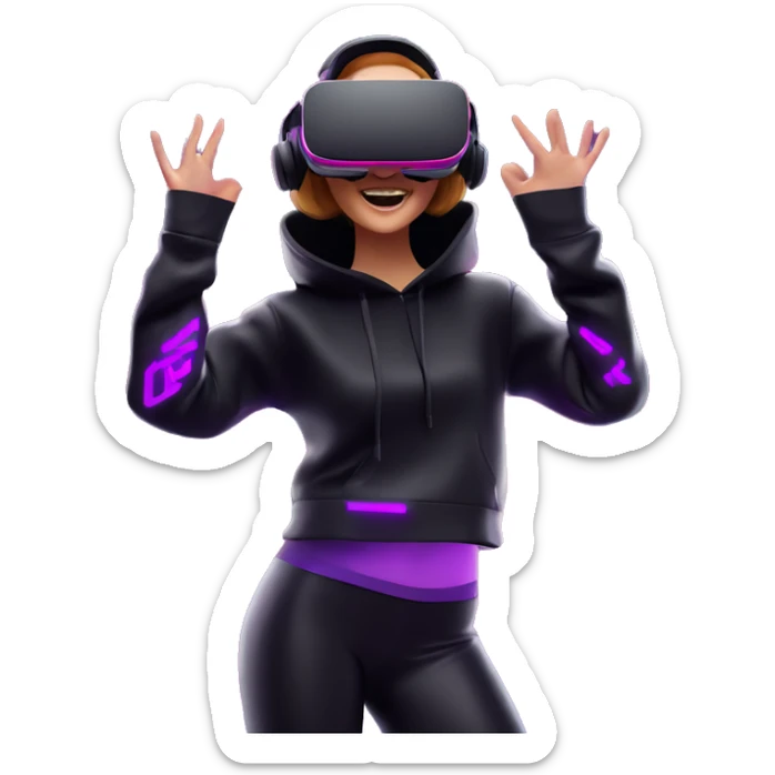 Russian girl wearing black hoody with violet letters "OMG", in vr headset oculus quest2. Dancing. Cyberpunk style. Violet neon. sticker