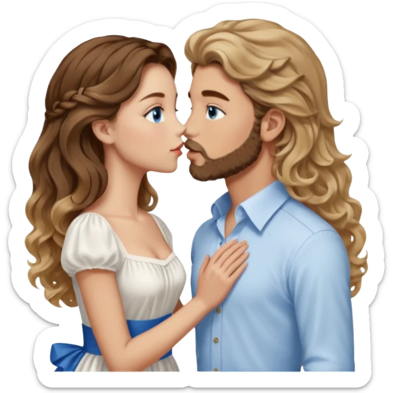 A girl with very long  balayage brown & blond curls kissing a boy with brown hair and a short beard. She wears a very elegant dress in white and he wears a shirt. They both have blue eyes and looking at each other  sticker