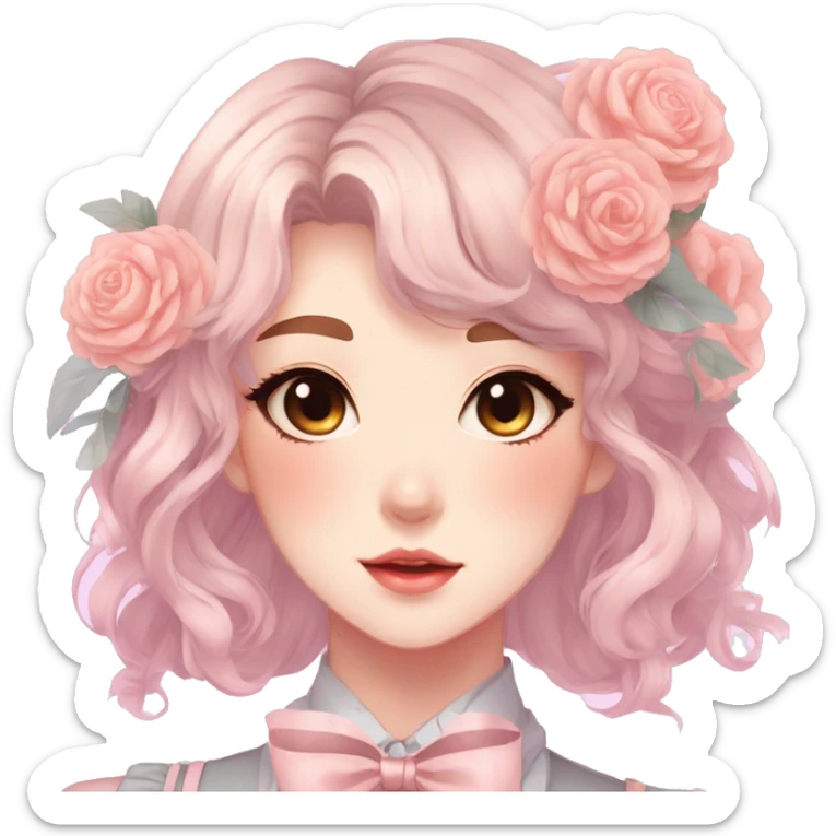 Gorgeous pastel anime style lady with blushing face and flowers and laces and bow ties and pretty hair aesthetic trending style sticker