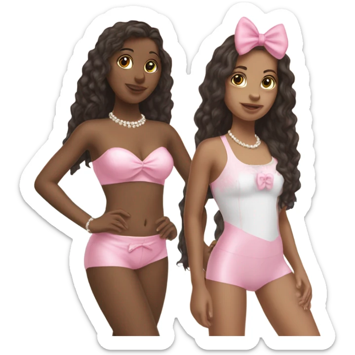 two teenage Latina best friends wearing pink. Long hair. Pink bows. Pearls. Light pink. Diamonds outfits. Two piece swimsuit sticker