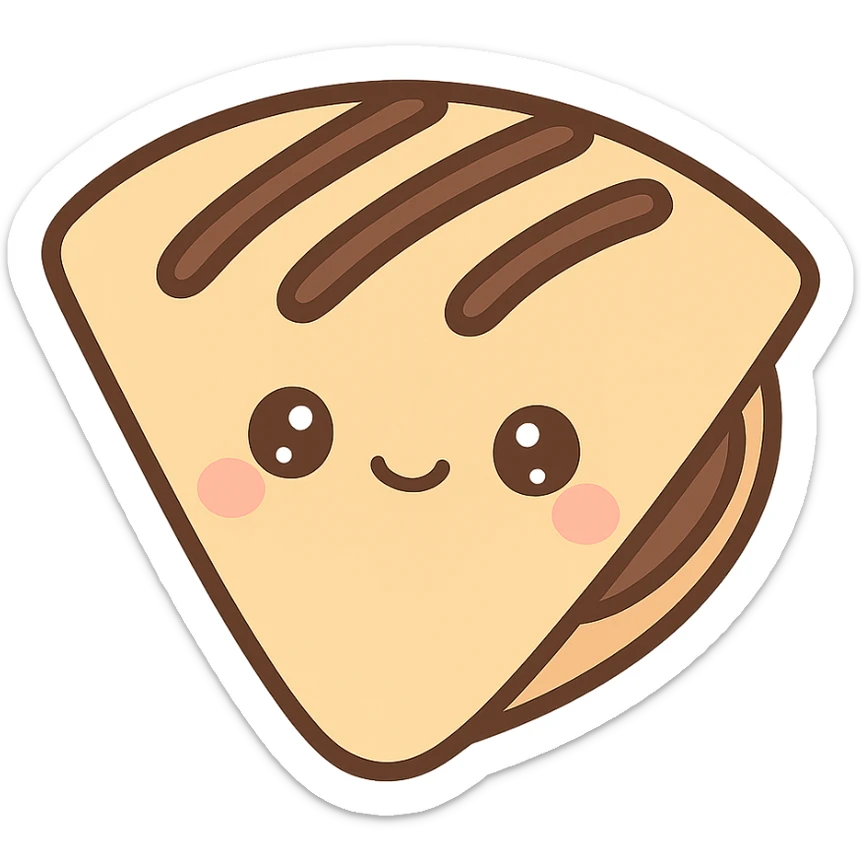 kawaii style french crêpe with a smiling face, folded with chocolate filling, chocolate drizzle on top sticker