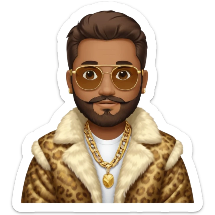 émoji homme barbu, cheveux bruns plaqués collés au crane avec raie au milieu, grosses lunettes de soleil rectangulaires à grosse branches, gros bijoux en or (chaine, montre,) manteau de fourrure très fluffy sur les épaules sourire en coin, boucles d'oreilles sticker