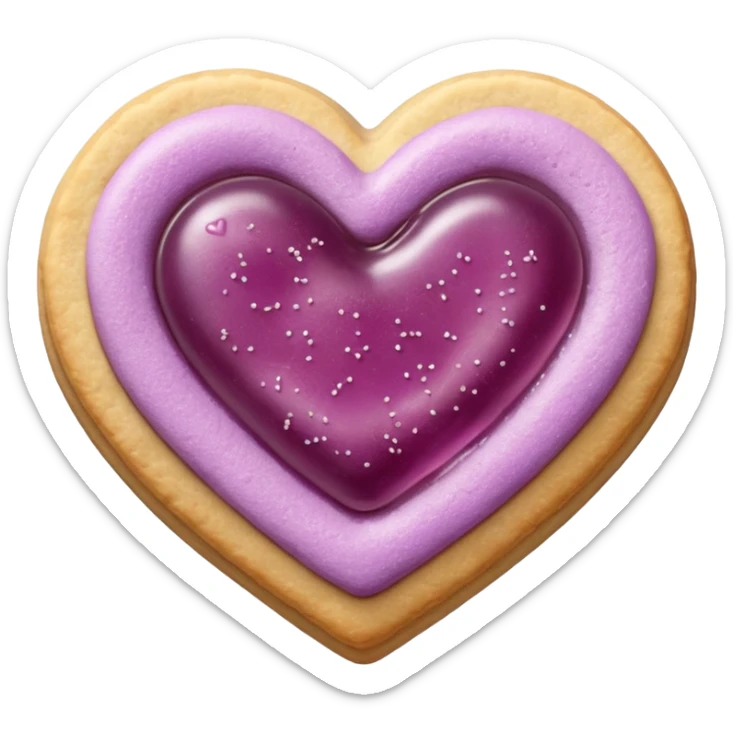 Realistic shortbread cookie in the shape of a heart with mauve jelly middle filling and sprinkled powder sugar on top. sticker