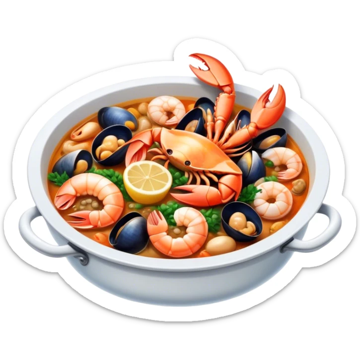 Cinematic Realistic Buzara Seafood Dish Emoji, depicted as a rustic, flavorful seafood stew with shellfish rendered with rich textures and dynamic, maritime lighting. sticker