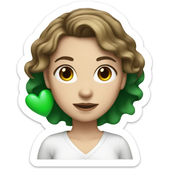 White girl with short wavy brown hair holding green heart sticker