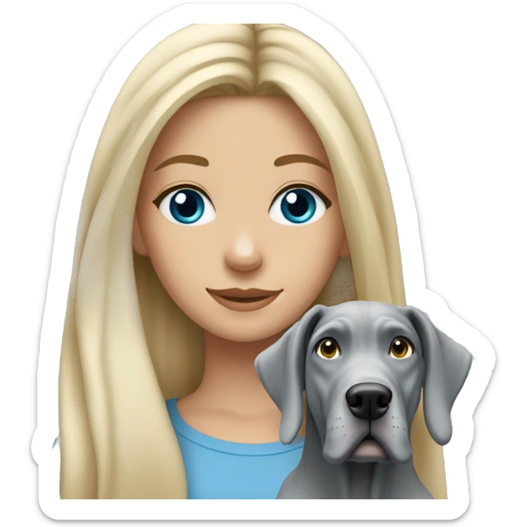 Blonde girl with blue eyes and long hair with a grey great dane dog sticker