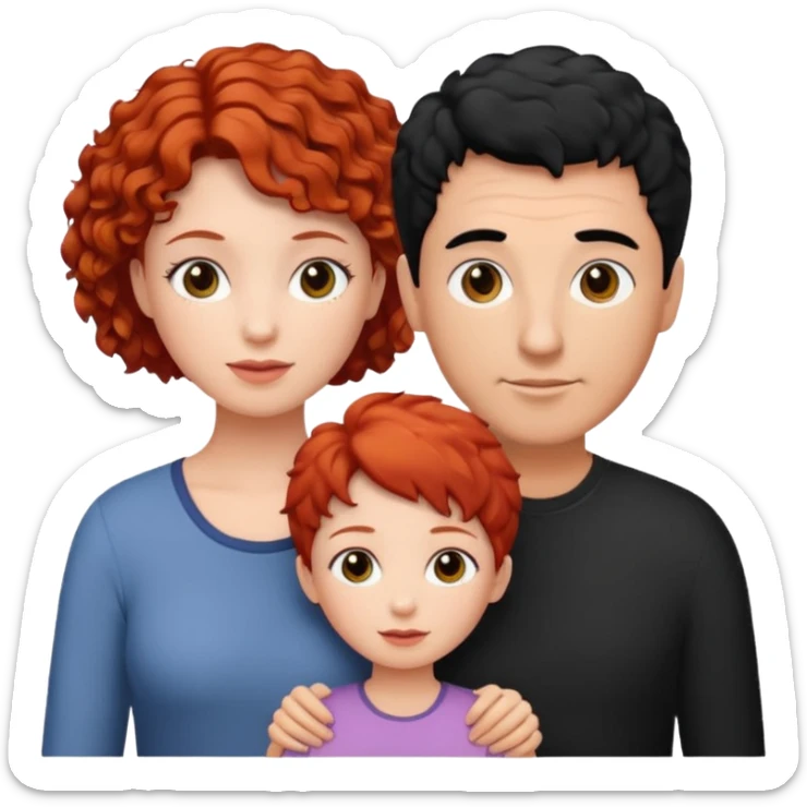 a family of three, all three white: the mother with short, curly red hair, the father with black hair, and the daughter with black hair. sticker