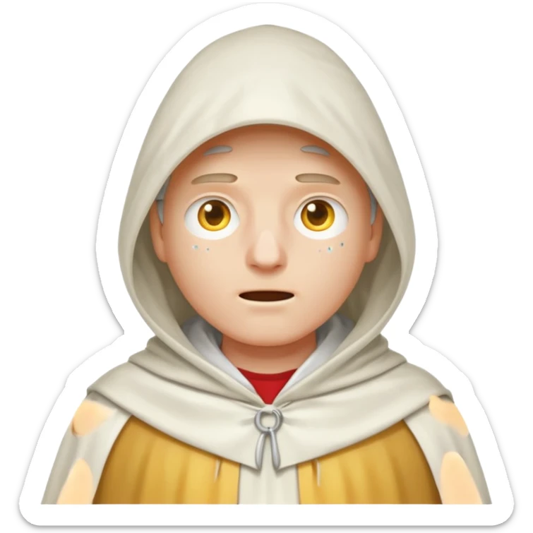 classic apple emoji guy wearing a white hooded cloak with holes to allow his eyes to see through sticker
