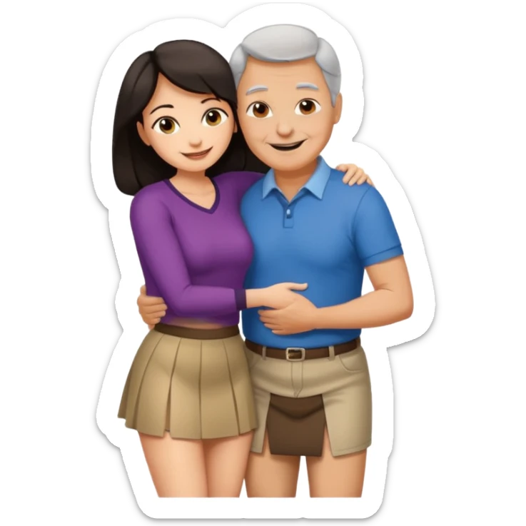 older man with dark hair on knees, facing dark haired, middle aged woman in a micro mini skirt, hugging her waist sticker