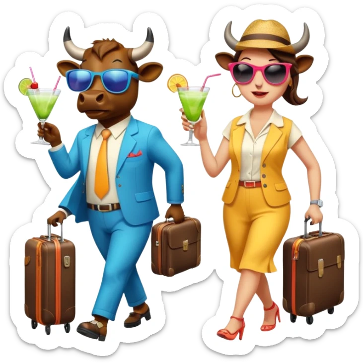 generate an emoji of a group of up to 8 male and female bulls travelling together on holidays. One bull has a suitcase, one has sunglasses, one is carrying a cocktail. They're all in motion, walking together. Make the characters look like bulls. They wear summer clothes sticker