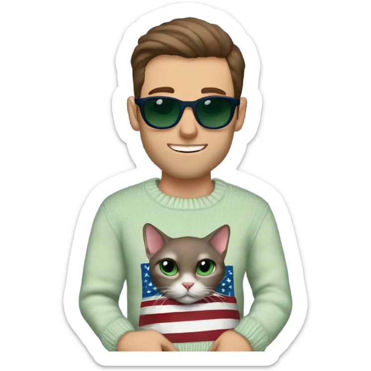 Brown hair handsome man wearing designer sunglasses. He has blueish green eyes. He is holding a hairless cat. His sweater is navy with an American flag sweater sticker