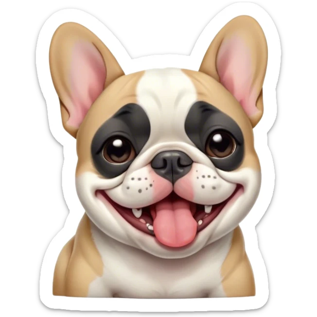 Cinematic Cute Yawning Pied French Bulldog Portrait Emoji, Head tilted with an exaggerated, endearing yawn and sleepy, squinty eyes, showcasing a unique pied fur of contrasting colors with a playful expression, simplified yet irresistibly adorable, highly detailed, glowing with a soft, cozy radiance, high shine, exuding a relaxed, humorous charm, styled with a gentle, soft glowing outline, capturing the essence of a Pied French Bulldog in a blissfully cute yawn that warms the heart! sticker