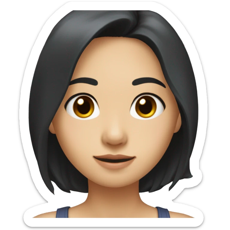 A head and shoulders shot of a 33 year old Asian woman, with long black hair,   with brown eyes wearing a t-shirt. sticker