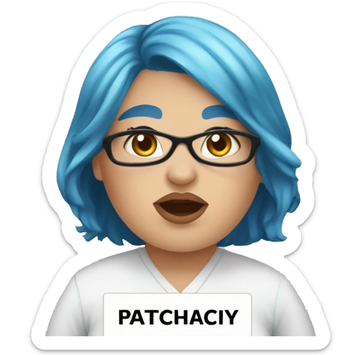 Blue hair, overweight female wearing a medical mask, holding a sign saying: "down with the patriarchy" with a speech bubble from her mouth saying: "I go by Ze/Zar" sticker
