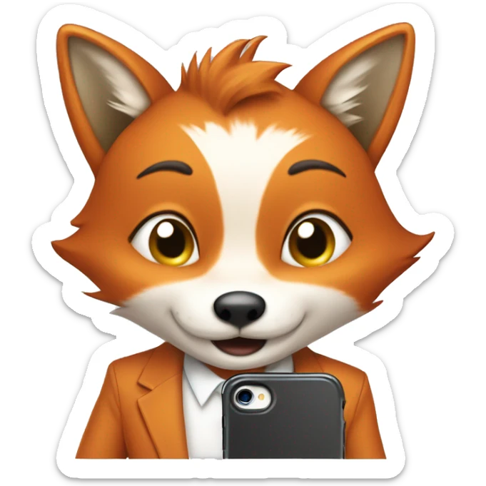 Smart and happy Fox in a shirt stands and uses her favourite app in the phone, a d stares in he phone sticker