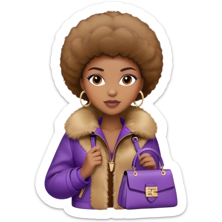 Beautiful black woman wearing a brown monogram Fendi jacket with a fur trim. She is carrying a purple Fendi peekaboo bag. I want the image to start at her head and end at the chest sticker