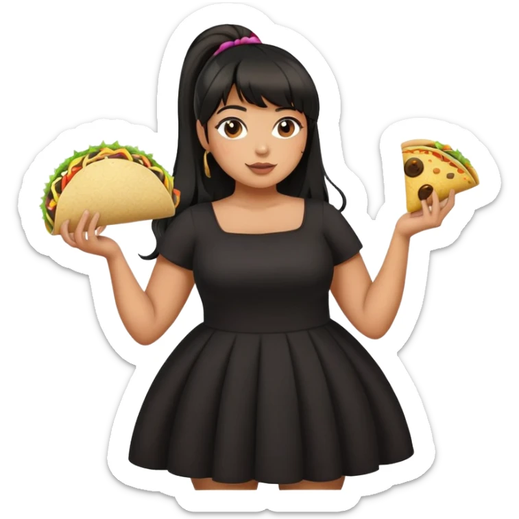 Latina girl with bangs black long hair in pony tail plus size black dress holding a taco sticker
