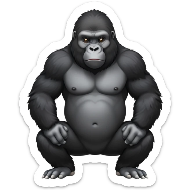 cinematic-friendly relaxed gorilla-realistic-full-body-crouched on all fours on knuckles-emoji,-poised-with-confidence,-massive-arms-hanging-slightly-forward,-head-tilted-thoughtfully,-thick-black-fur,-deep-dark-eyes-full-of-intelligence,-simplified-yet-realistic sticker