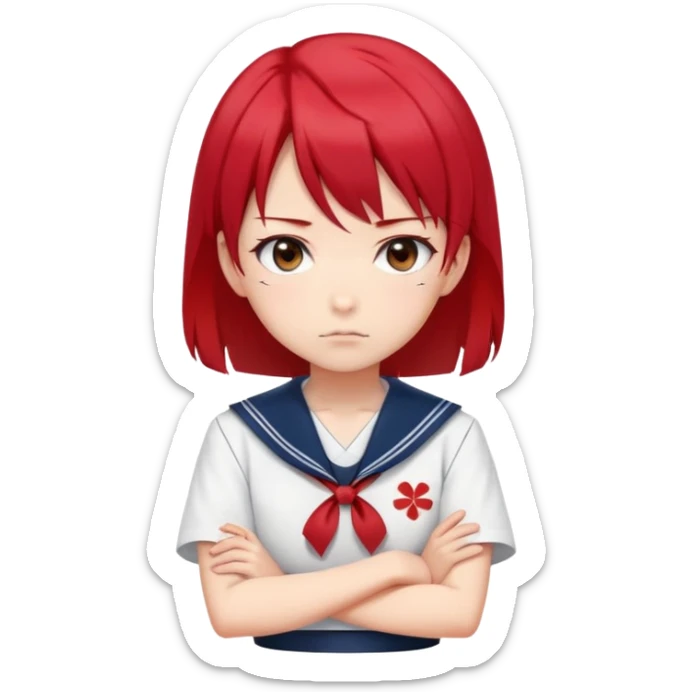 Serious anime girl with short bright red hair wearing Japanese sailor style school uniform, stern expression with arms crossed, focused and determined look sticker