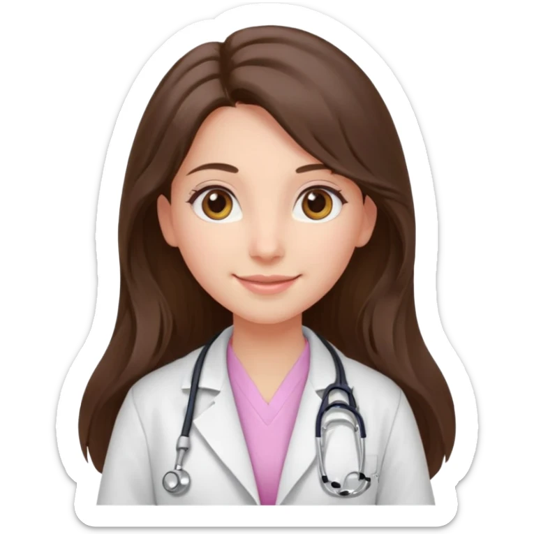 happy long haired brunette girl hazel eyes in light pink at the doctor's sticker