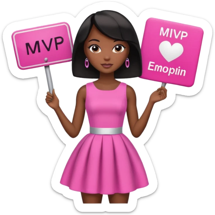 Black barbie, short  black bob  hair, pink dress with a sign that says mvp sticker