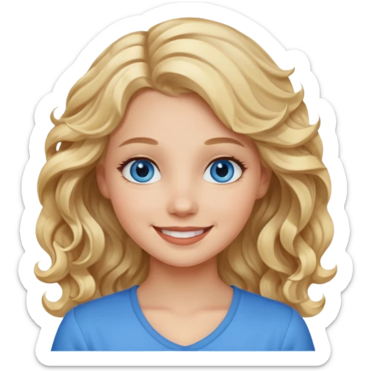 Please generate an image of a girl. She has blue eyes, blond, wavy hair, and is smiling. sticker