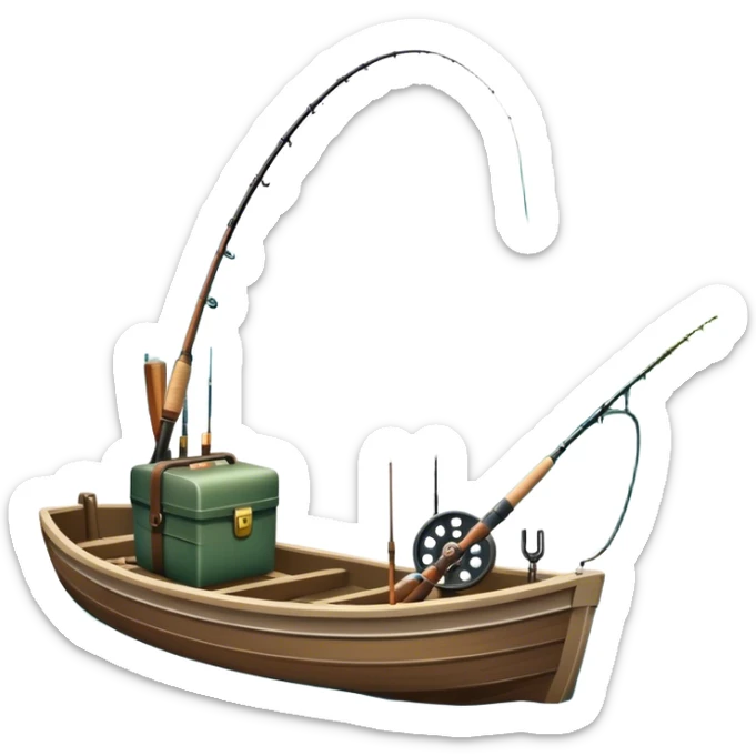 Icon for Fishing: a fishing boat by a water body with a beautiful nature backdrop, a spinning rods, fishing boots, and a fishing tackle box. The icon should evoke the peaceful and adventurous spirit of fishing. Transparent background. sticker