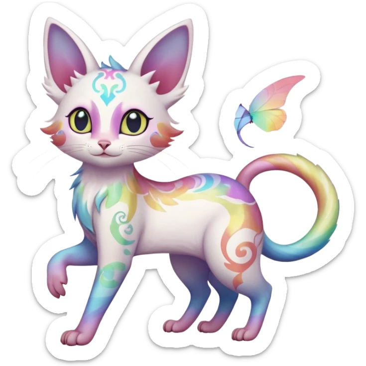 Pure-snow-White albino iridescent with pastel rainbow-gradients-color-markings with swirly patterns butterflies  faerie-Noivern-Noibat-Purloin-Torracat-Lykoi-Caracal-cat-Fakemon-fusion-hybrid-creature-jumping sticker