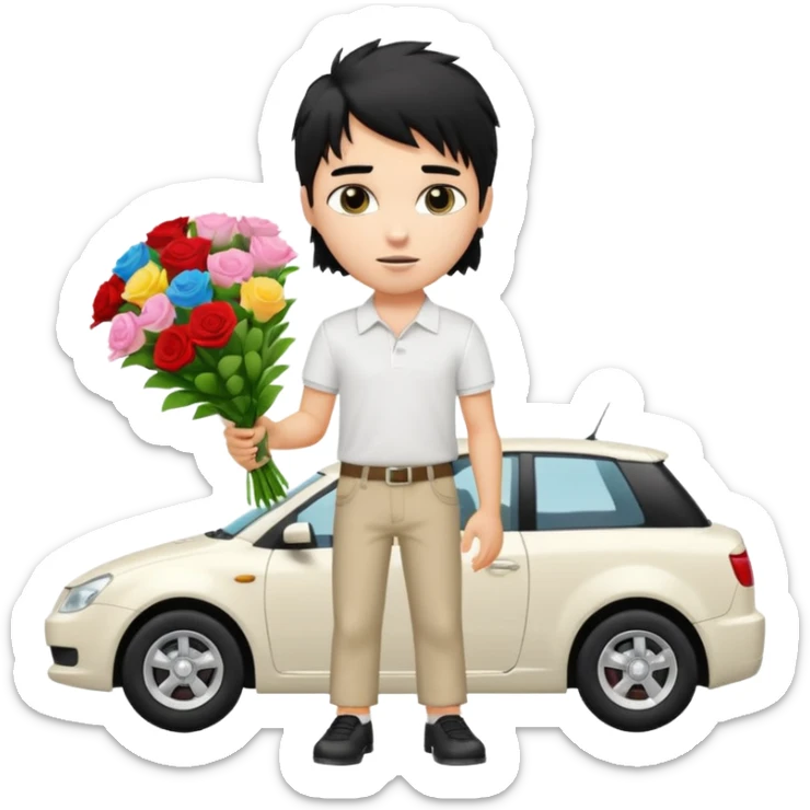 generate a pretty fair bratz boy with a messy mullet (black hair), wearing a white polo.  carrying a bouquet made of money. expensive car behind him sticker