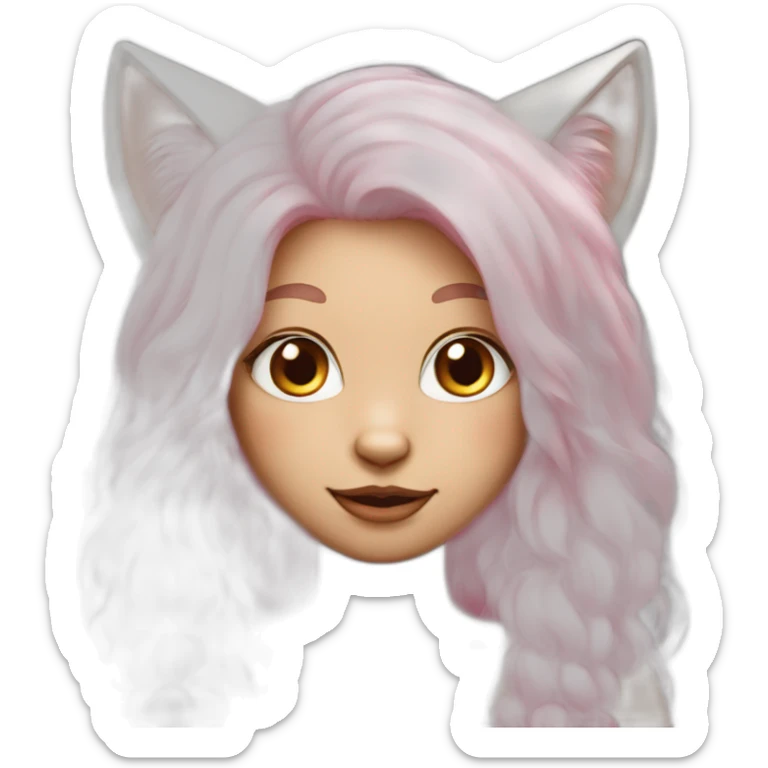 cat girl with long pink hair, brown eyes and white fur sticker